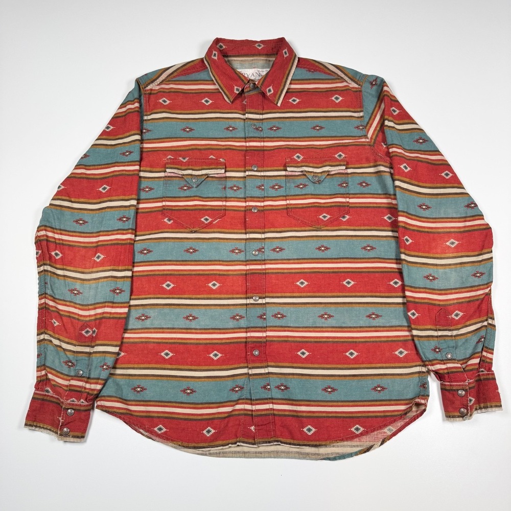 Ryan Michael Aztec Button Up Shirt Southwestern - Linen - Men's Large - Red Blue